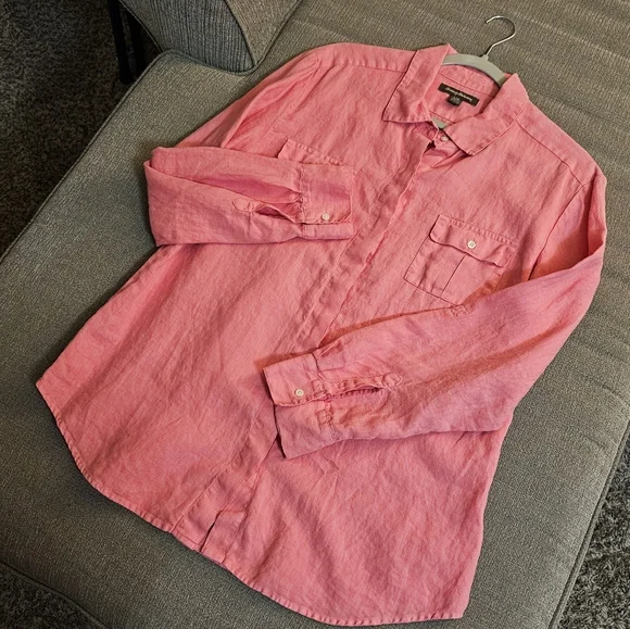 Tommy Bahama Linen Pink Casual Coastal Natural Lagenlook Button Top Size Large - Picture 2 of 6
